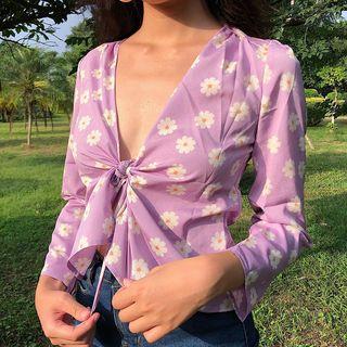 3/4-sleeve Floral Print Open-front Jacket