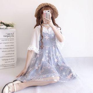Ruffle Trim Elbow-sleeve Blouse / Star Embroidered Spaghetti Strap Mesh Dress