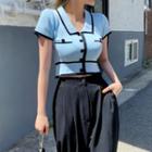 Chelsea-collar Piped Knit Crop Top Sky Blue - One Size