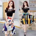 Short-sleeve Cold-shoulder Print Mesh Panel A-line Dress