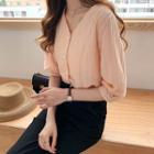 Button-up Elbow-sleeve Blouse