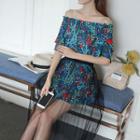 Set: Floral Print Off-shoulder Dress + Mesh Midi Skirt
