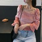 Velvet Square-neck Long-sleeve Slim-fit Blouse