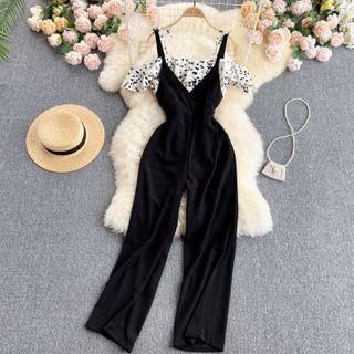 Set Of 2 : Off-shoulder Dotted Suspender Top + Suspender Wide-leg Jumpsuit