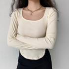 U-neck Ribbed Long-sleeve T-shirt Cream White - One Size