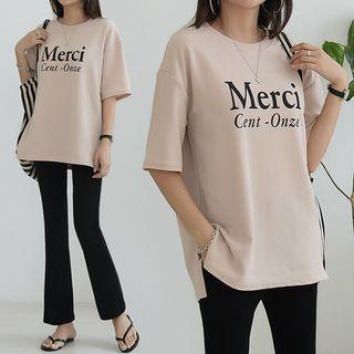 Set: Letter Print T-shirt + Boot-cut Pants