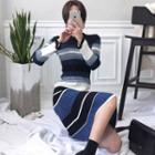 Long-sleeve Striped Midi A-line Knit Dress Stripes - Blue - One Size