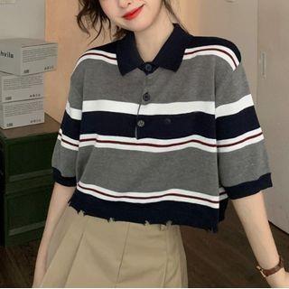 Short-sleeve Striped Distressed Polo Shirt Stripe - Black & Gray & White - One Size