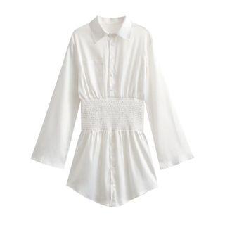 Bell-sleeve Shirred Mini Shirtdress