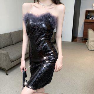 Spaghetti Strap Faux Fur Trim Sequined Mini Sheath Dress