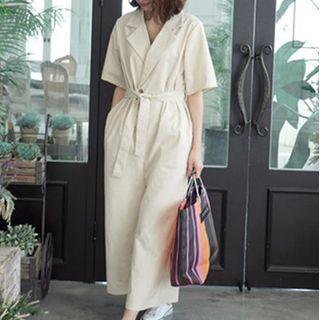 Short-sleeve Notch Lapel Tie-waist Jumpsuit