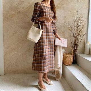 Square-neck Checked A-line Dress With Sash