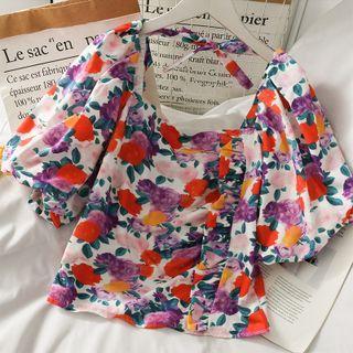 Tie-back Ruched Printed Blouse Purple - One Size