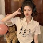 Short-sleeve Cartoon Print Zip Polo Shirt Cartoon Print - Almond - One Size