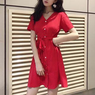 Short-sleeve Tie-waist Mini A-line Shirtdress As Shown In Figure - One Size