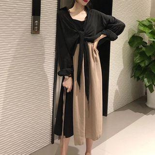 Set: Tie-front Shirt + Spaghetti-strap Two-tone Dress