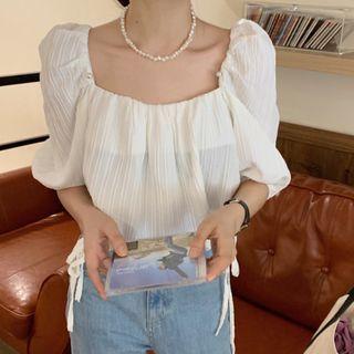 Puff-sleeve Square Neck Drawstring Blouse White - One Size