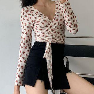 Floral V-neck Lace-up Long-sleeve Knit Top