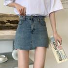 Frayed Slim-fit Denim Mini Skirt