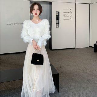 Fluffy Knit Top / Mesh Overlay Skirt