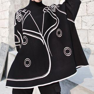 Mock-turtleneck Batwing-sleeve Printed Sweater Black - One Size