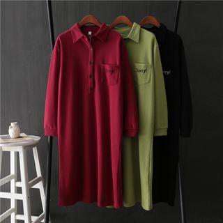 Letter Embroidered Long-sleeve Midi Polo Dress