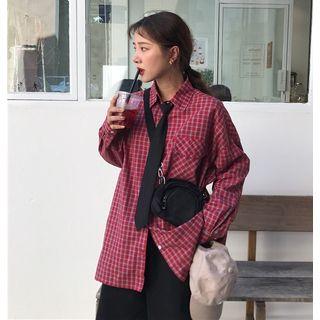 Plaid Long-sleeve Shirt With Tie As Shown In Figure - One Size