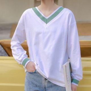 Contrast Trim V-neck Long-sleeve T-shirt White - One Size