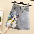 Sequined Puppy A-line Mini Denim Skirt