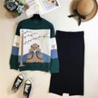 Set: Print Sweater + Plain Knit Midi Pencil Skirt Set - Green & Black - One Size