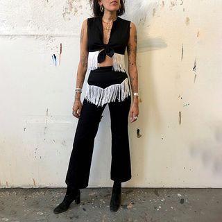Set: Fringed Trim Crop Tank Top + Bootcut Pants