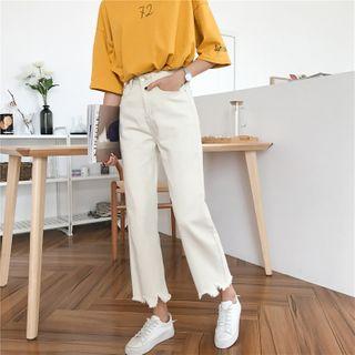Distressed-hem Straight Leg Jeans