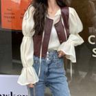 Puff-sleeve Shirred Blouse / Faux Leather Vest