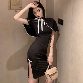 Set: Short-sleeve Contrast Trim Qipao + Cape