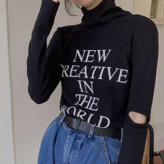 Long-sleeve Turtleneck Lettering Cutout T-shirt