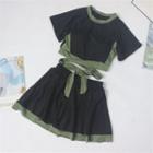 Set: Short-sleeve Contrast Trim Swim Top + Skirt