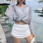 Set: Ruffle Trim Bikini Top + Shirred Swim Skirt + Striped Cover-up