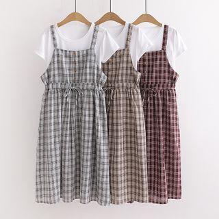 Set: Short-sleeve T-shirt + Plaid Midi A-line Pinafore Dress