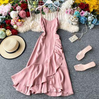 Ruffle-detail Spaghetti-strap Chiffon Dress