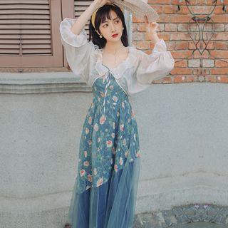 Set: Ruffle Open Front Light Jacket + Flower Print Spaghetti Strap Midi A-line Dress