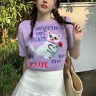 Short-sleeve Cat Print Knit Top Purple - One Size