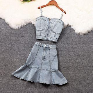 Set: Washed Denim Camisole Top + Mini Mermaid Skirt