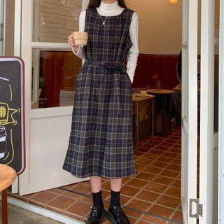 Long-sleeve Mock-neck T-shirt / Plaid Midi Overall Dress