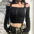 Plain Long-sleeve Cloud-shoulder Zip Crop Top