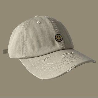 Smiley Embroidered Distressed Baseball Cap