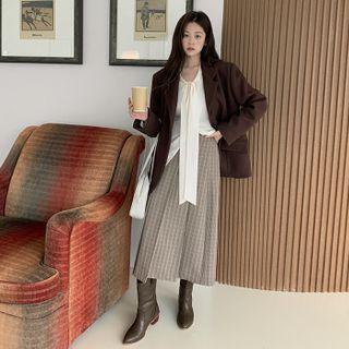 Slit-side Houndstooth Pleated Long Skirt