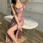 Spaghetti Strap Satin Midi Dress Pink - One Size