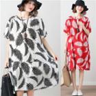 Elbow-sleeve Leaf Print Midi Dress