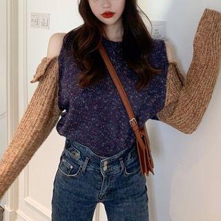 Color-block Off-shoulder Long-sleeve Sweater As Shown In Figure - One Size