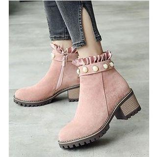 Faux Pearl Frill Trim Block Heel Short Boots